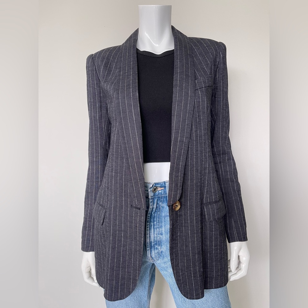 SMYTHE Long Shawl Collar Blazer in Black Fade Pinstripe
